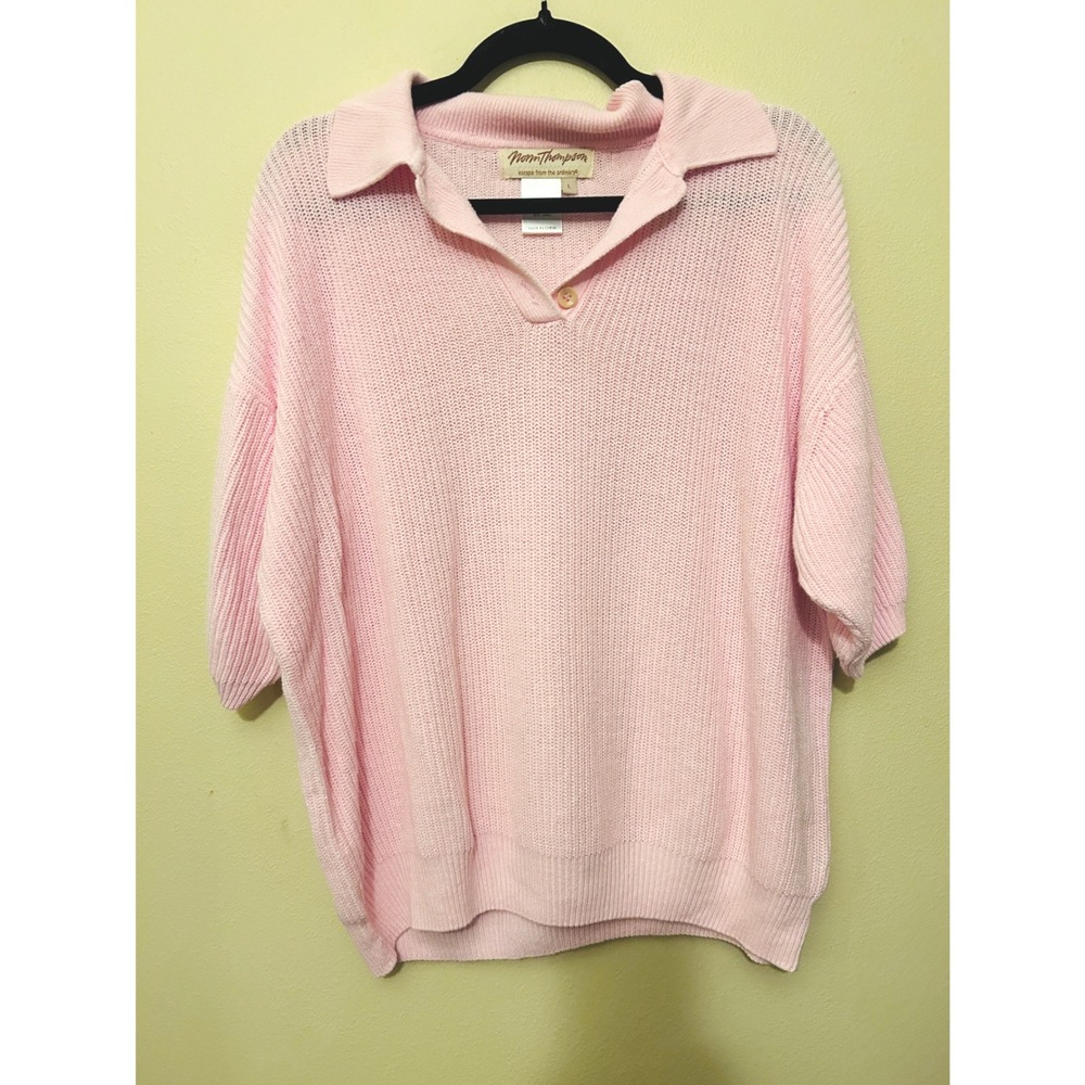 Norm Thompson Sweater Polo Women Large Pink Excellent Linen Cotton Knit Top